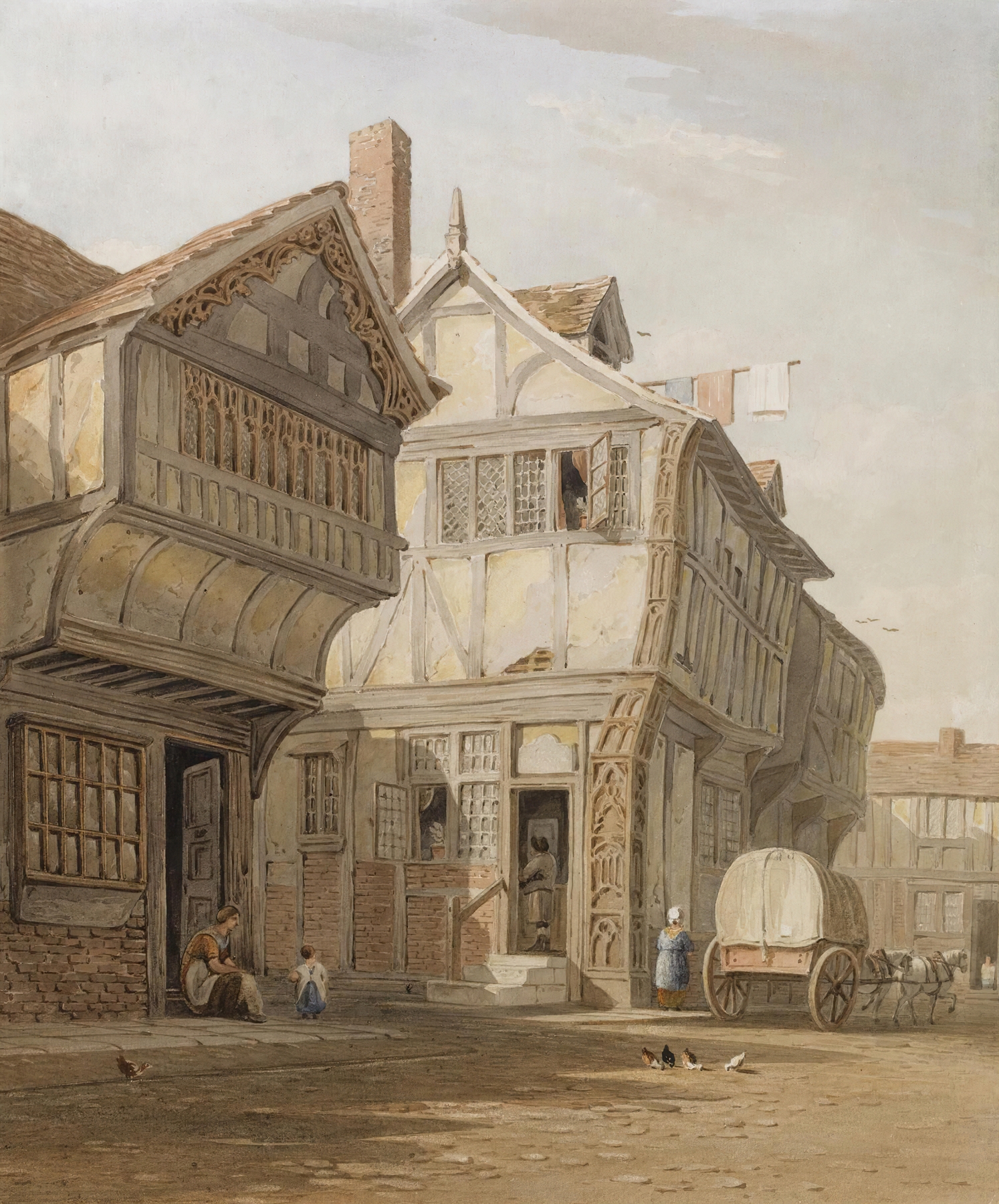 Old Houses, Coventry by John Varley, oil painting depicting historical architecture and textures.