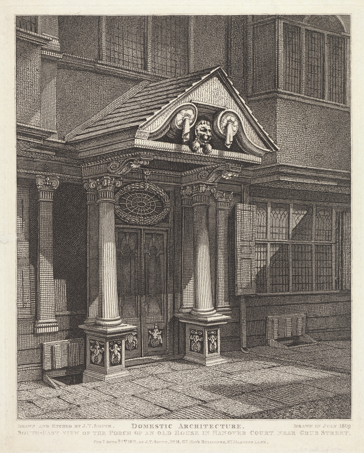 Engraving by John Thomas Smith depicting an old house porch with ivy and brick