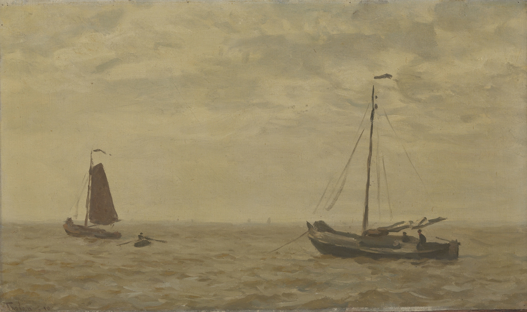 Marine scene with fishing boats and sails by Willem Bastiaan Tholen, oil painting