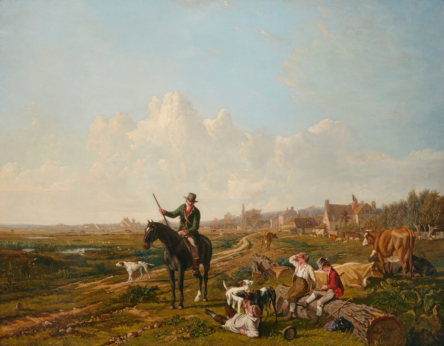 Genre scene depicting a mounted gamekeeper with cattle herders, oil painting by John James Chalon