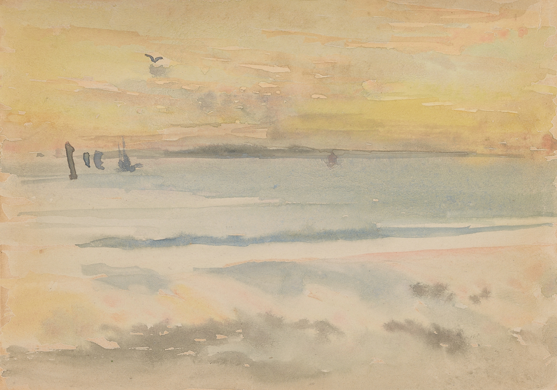 St. Ives; Sunset by James Abbott McNeill Whistler, oil painting depicting a sunset over the ocean.