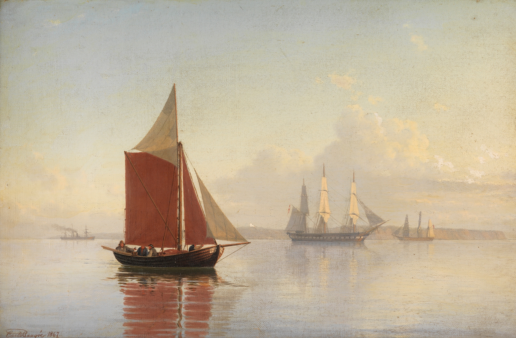 A cutter and two sailing ships in oil on canvas by Carl Emil Baagøe