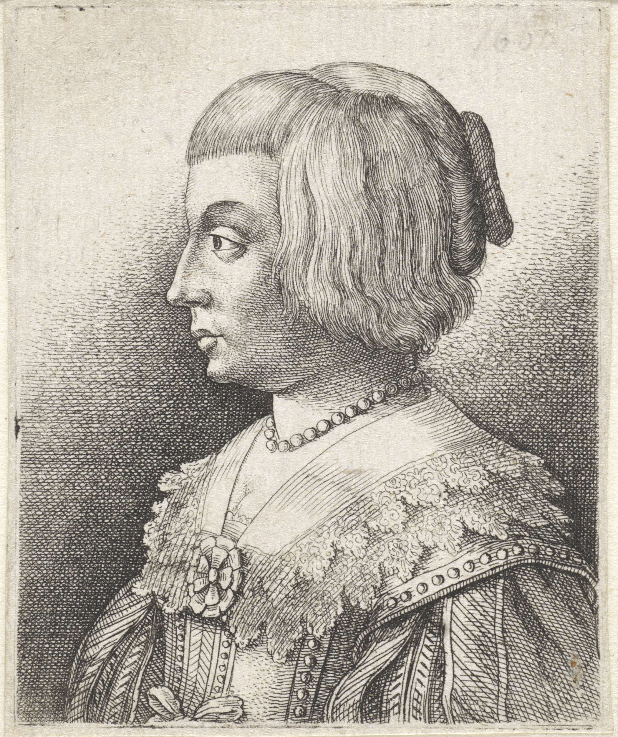 Etching of a young woman with a collar and rosette by Wenceslaus Hollar