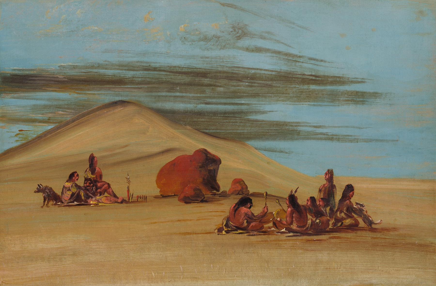 Sioux worshiping at red boulders, oil on canvas by George Catlin