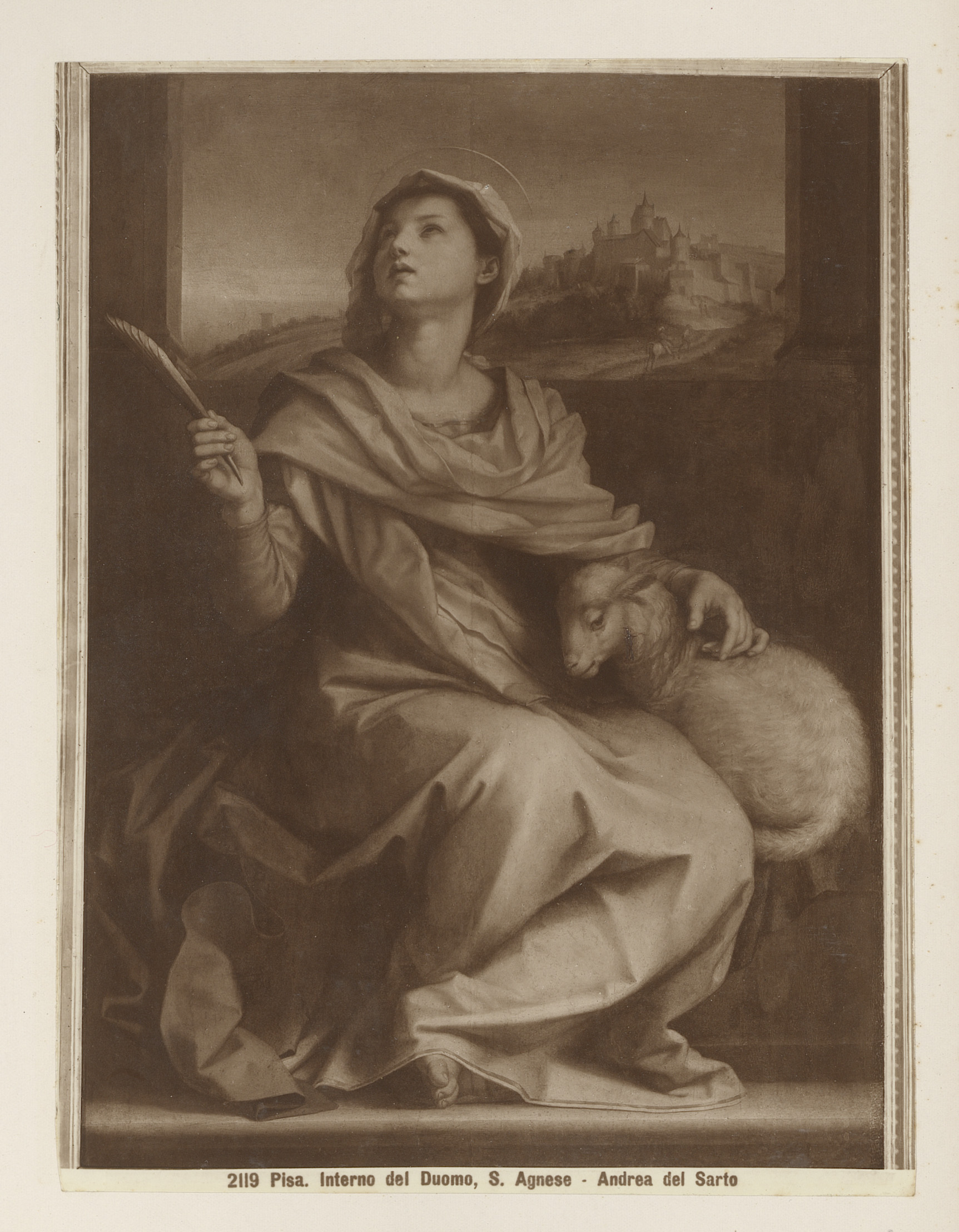 Fotoreproductie van een schilderij van de heilige Agnes naar Andrea del Sarto in de Dom van Pisa, Italië, by Giacomo Brogi, public domain