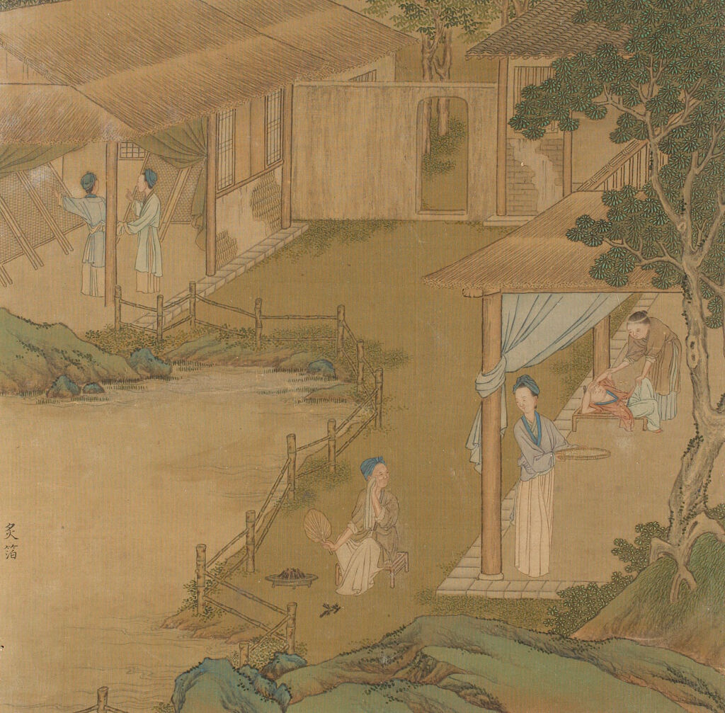 Figurative silk artwork by Qiu Ying depicting traditional attire and silk culture