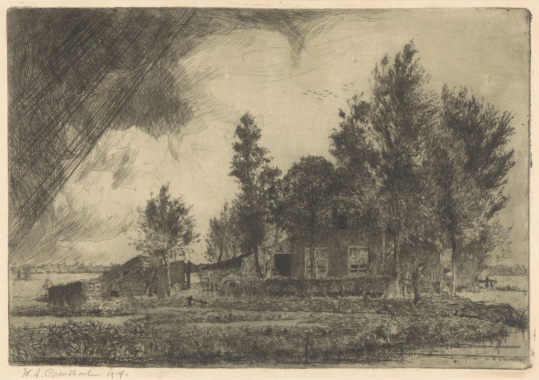 Rural landscape with farmhouse, oil on canvas by Willem Adrianus Grondhout