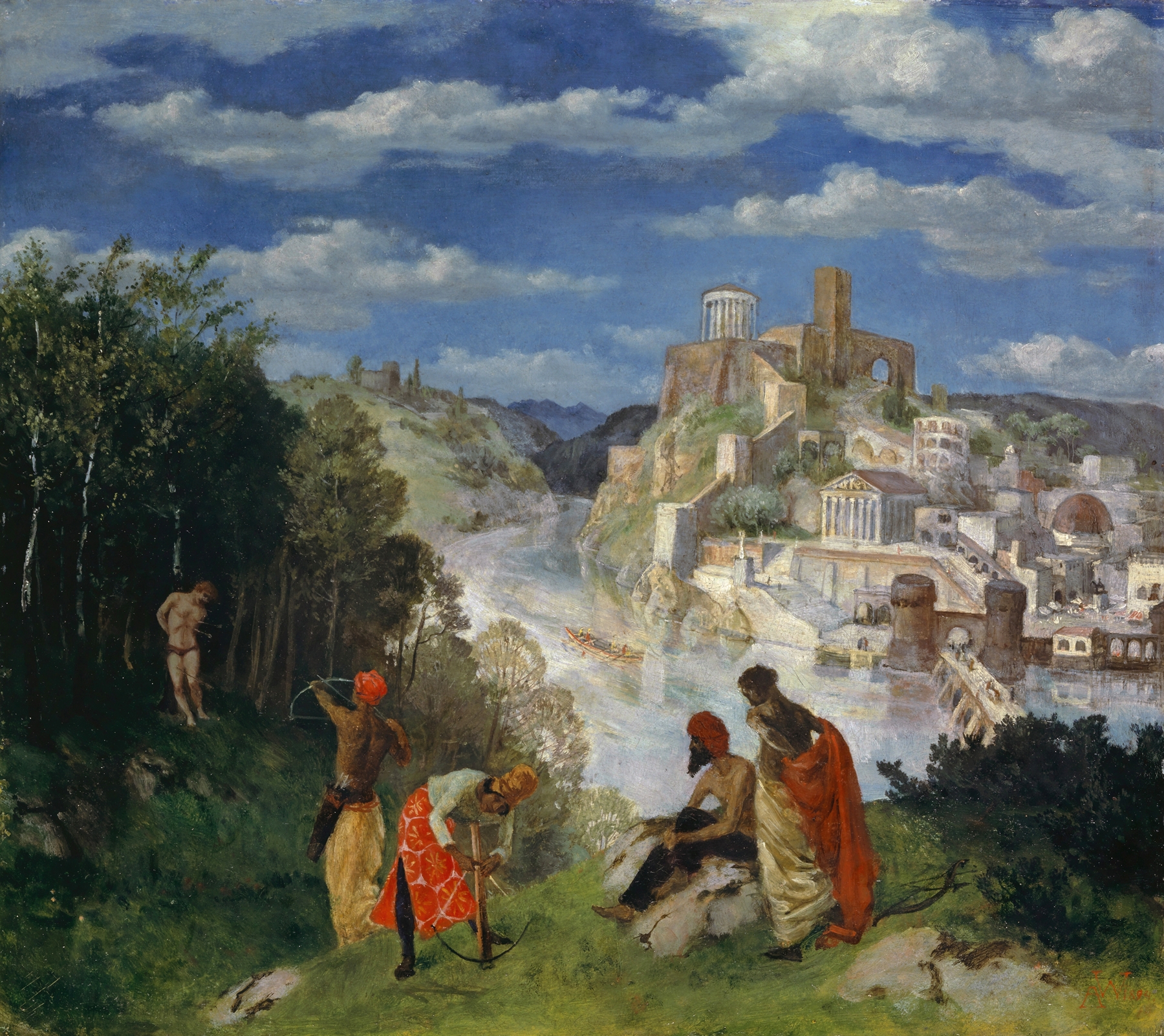 Landscape with the Martyrdom of Saint Sebastian, oil on canvas by Albert Welti, depicting Saint Sebastian bound to a tree.