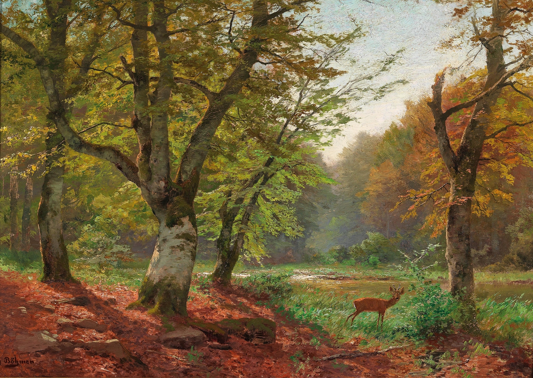 Waldsee by Heinrich Böhmer, oil on canvas depicting tranquil lake and lush greenery