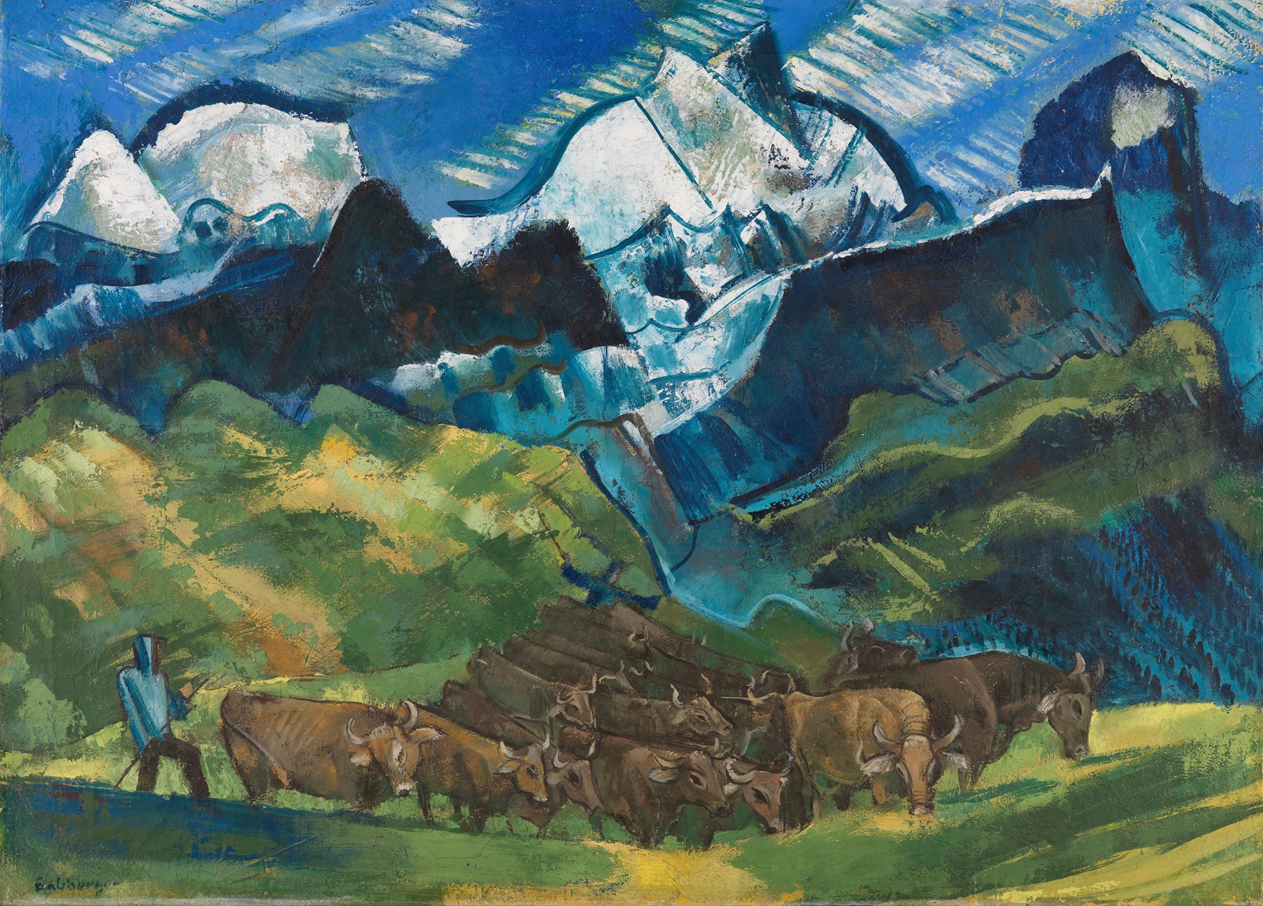 Realism painting by August Babberger depicting cows grazing in an Alpine landscape