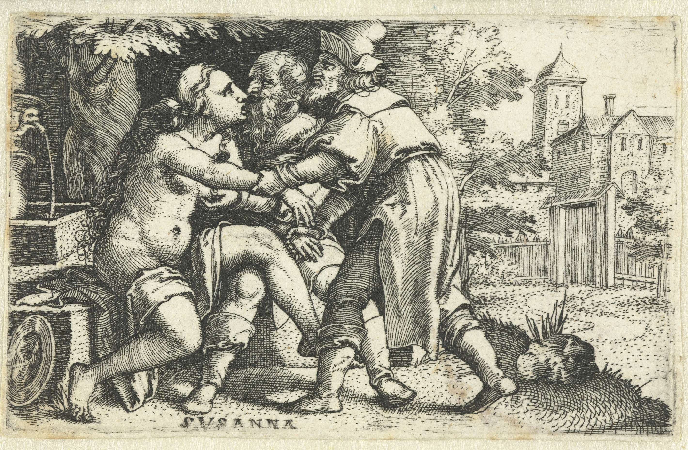 Engraving by Georg Pencz depicting Susanna with two elders