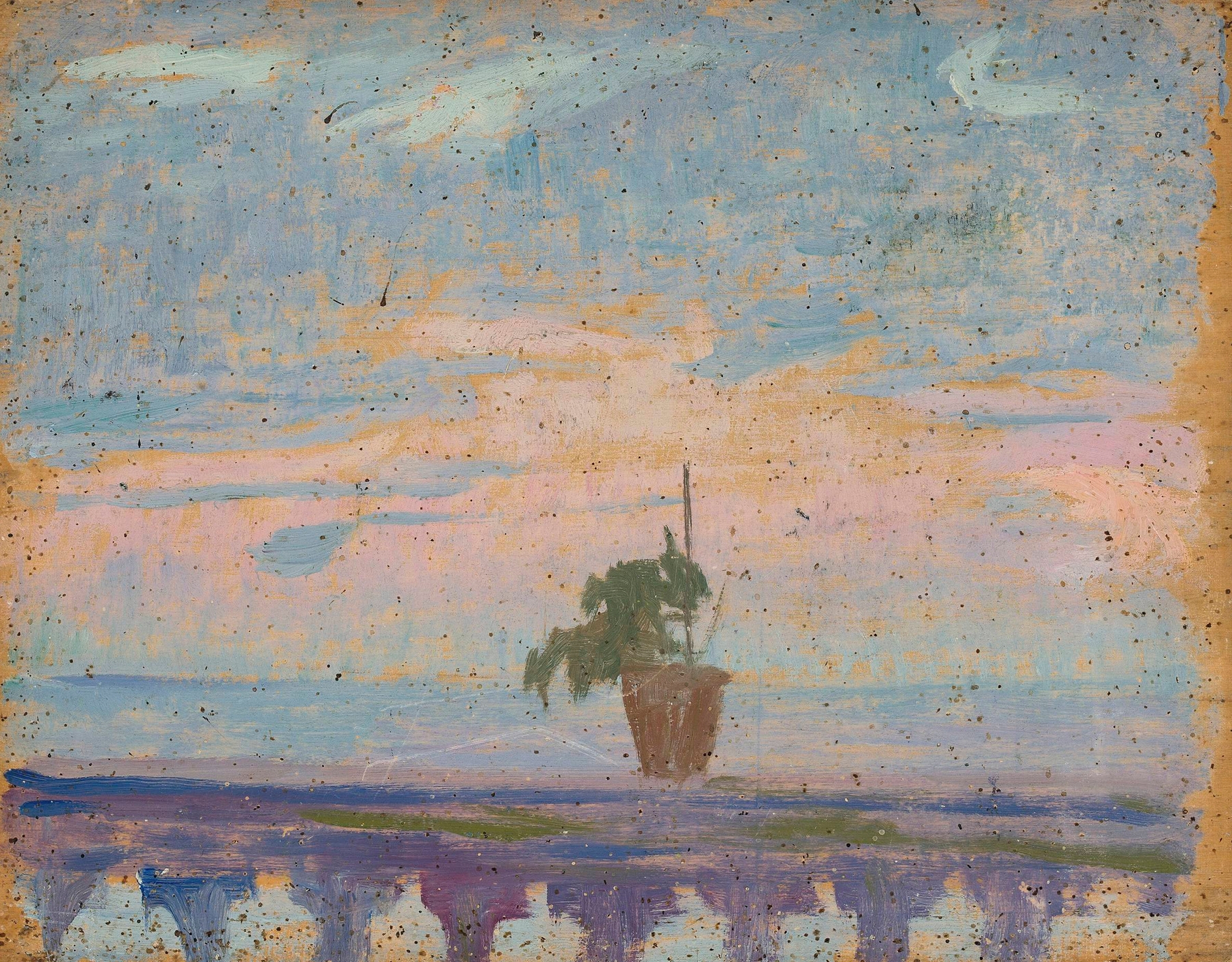 Oil on canvas by Jan Rembowski depicting a balcony with flower pots.