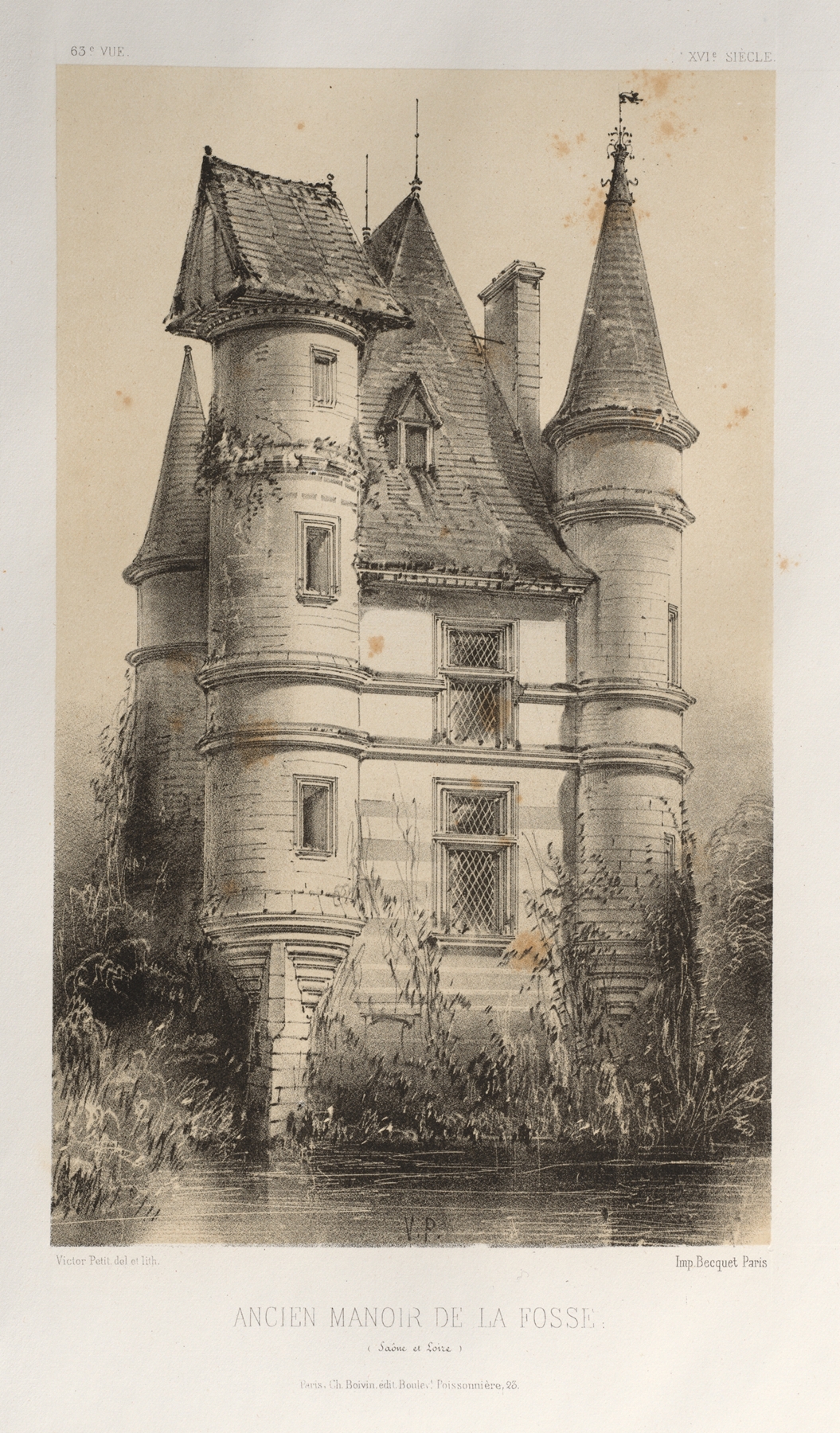 Landscape oil painting by Victor Petit depicting a grand manor against a stormy sky