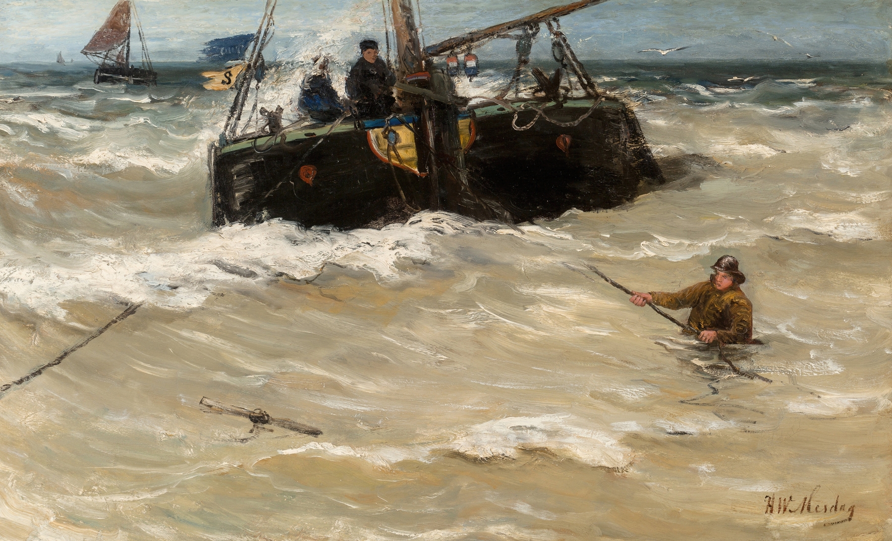 Fishing boats in the surf, by Hendrik Willem Mesdag, public domain