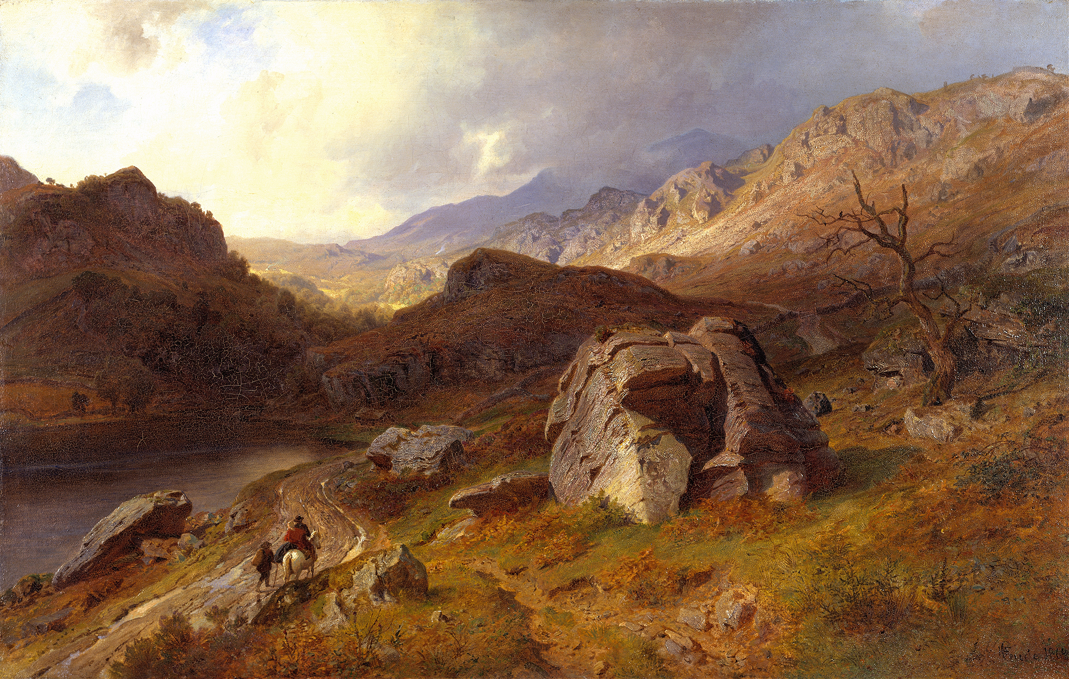 Lledr Valley in Wales by Hans Gude, oil on canvas depicting a shimmering lake.