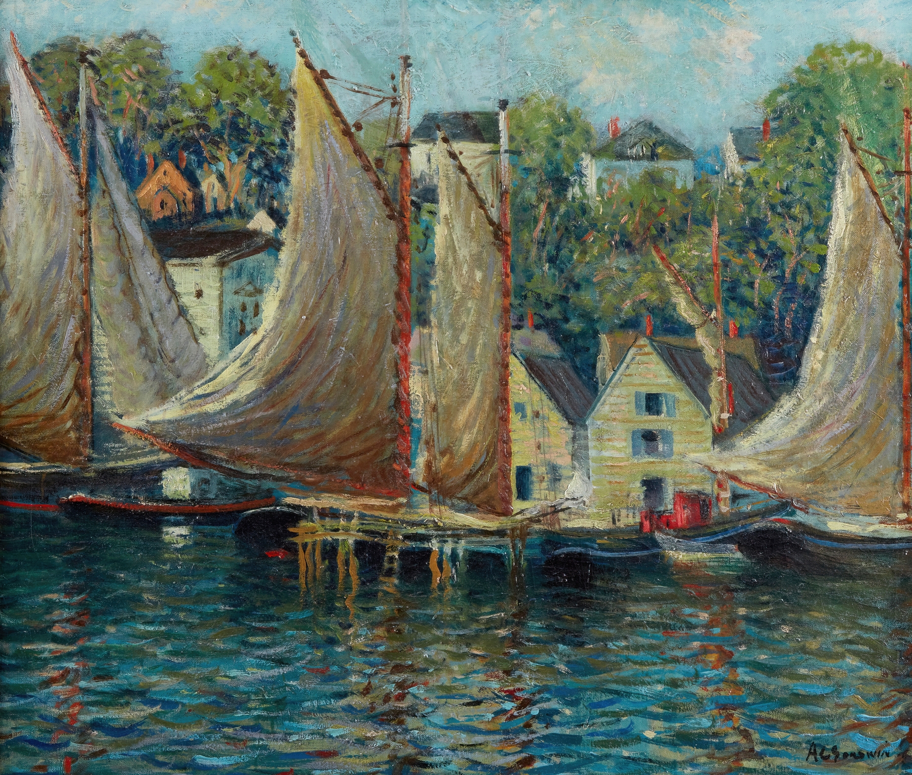 Marine scene with sunset and boats by Arthur Clifton Goodwin, Impressionism