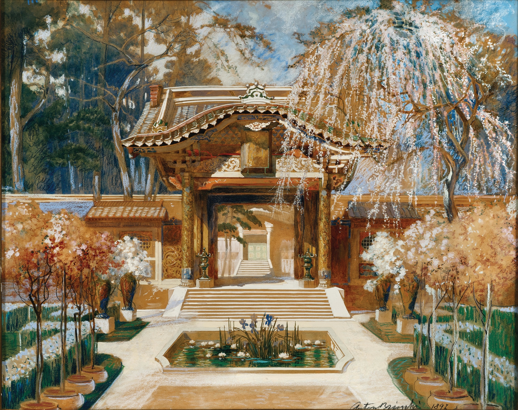 Japanese temple and blooming tree, ink on paper by Anton Brioschi