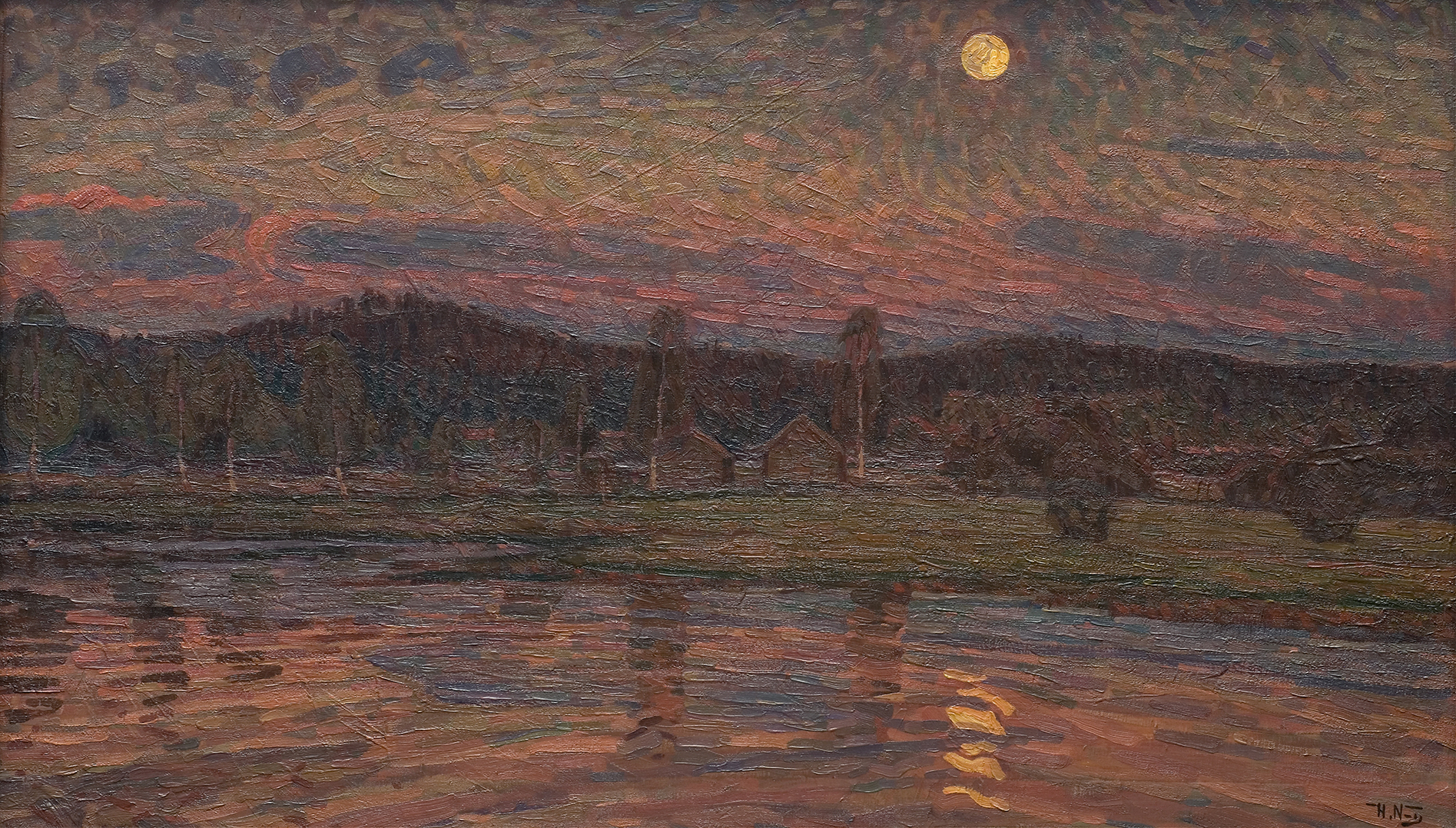Moonlit Landscape by Herman Norrman, oil painting depicting trees under moonlight.