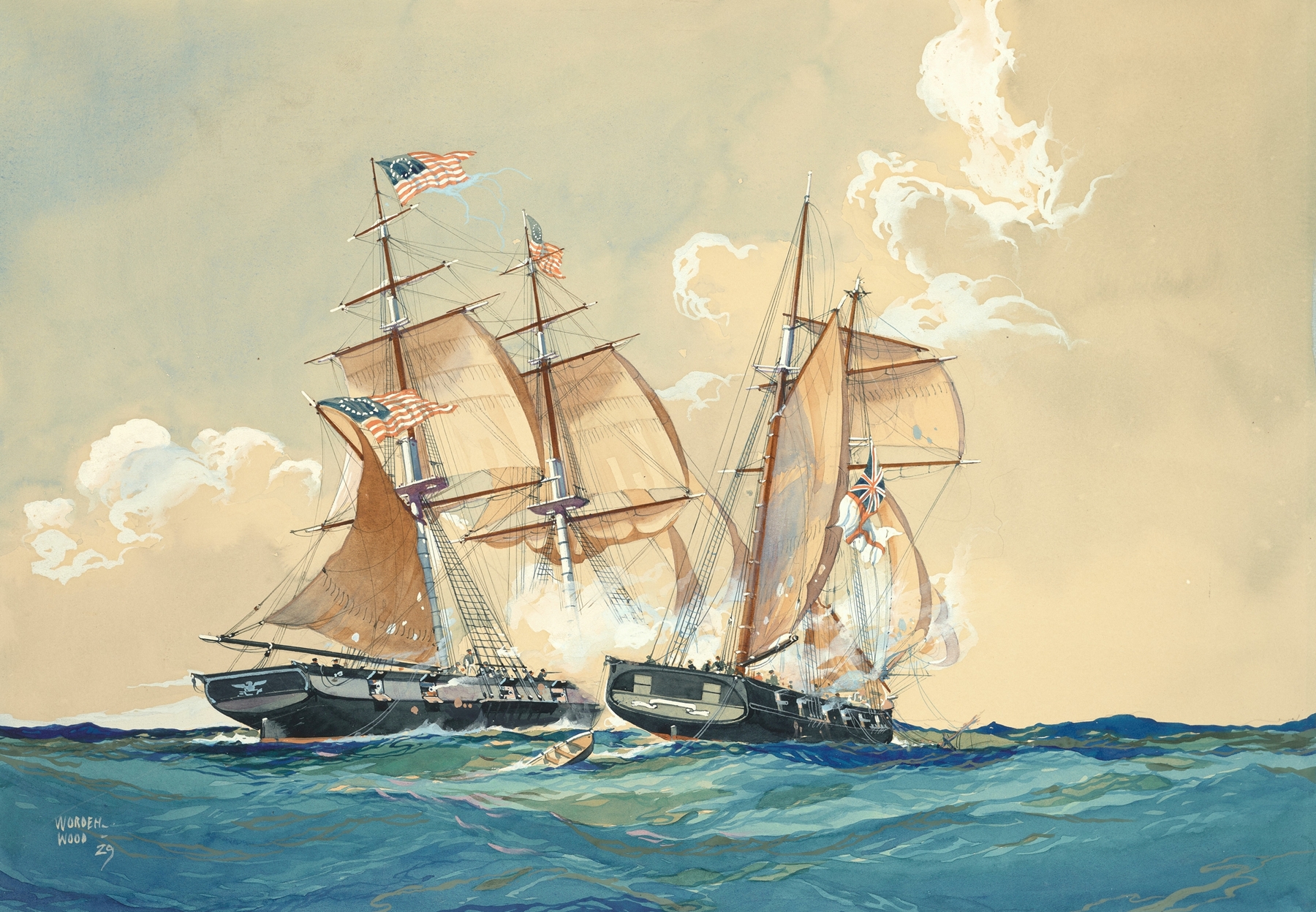 Oil on canvas by Worden Wood depicting a naval battle between two ships