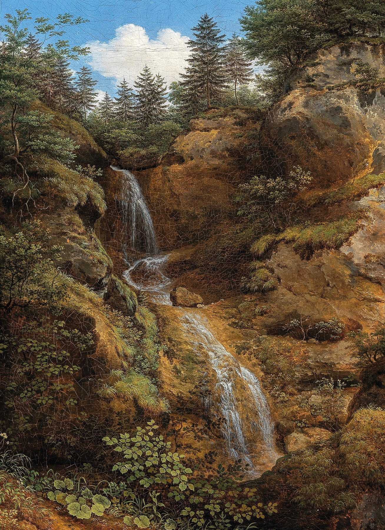 A Mountain Stream oil painting by Eduard von Moro, featuring flowing water and lush greenery.