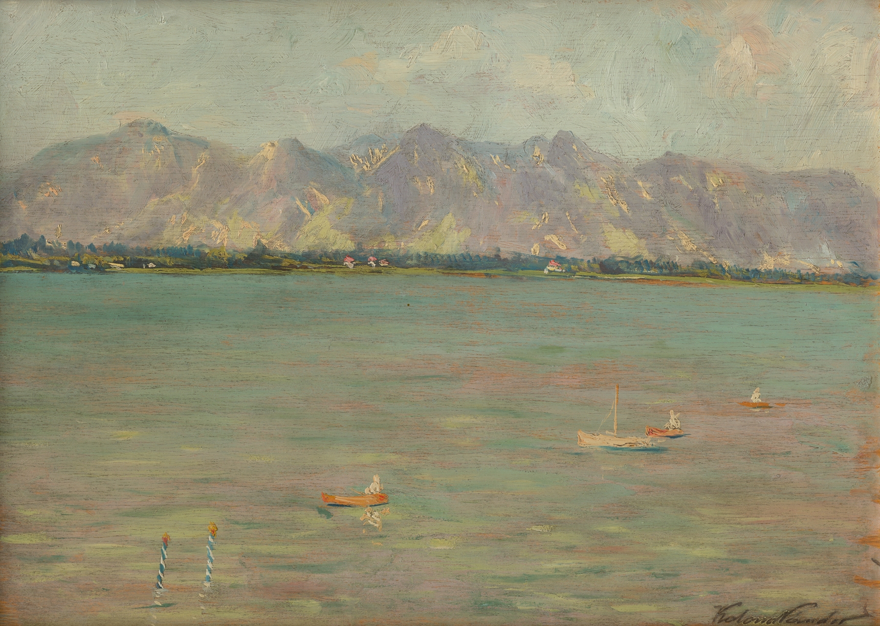 Mountain landscape with a lake, oil painting by Ferdinand Katona