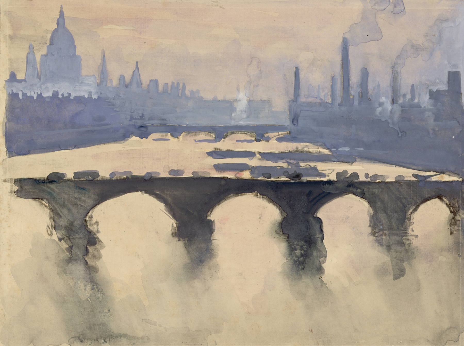 Landscape with skyline, chimneys, and mist, ink on paper by Joseph Pennell
