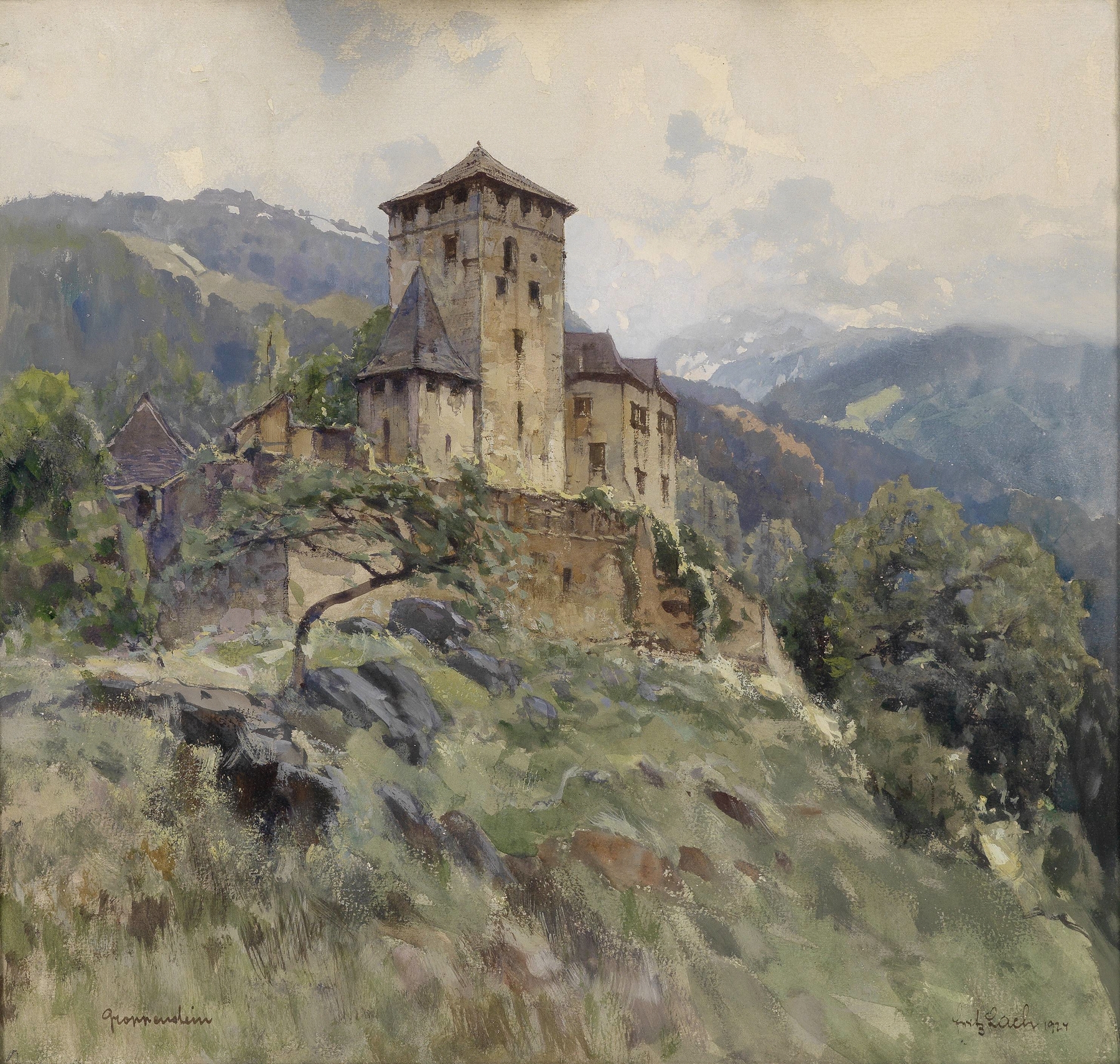 Burg Groppenstein bei Overvellach by Fritz Lach, oil on canvas depicting a castle at twilight