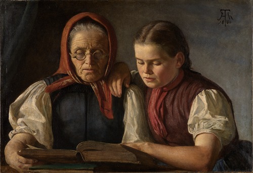 A serene depiction of a mother and sister reading the Bible.