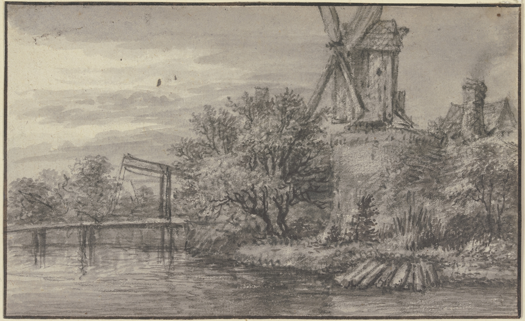Oil on canvas by Antonie Waterloo depicting a canal, windmill, and bridge