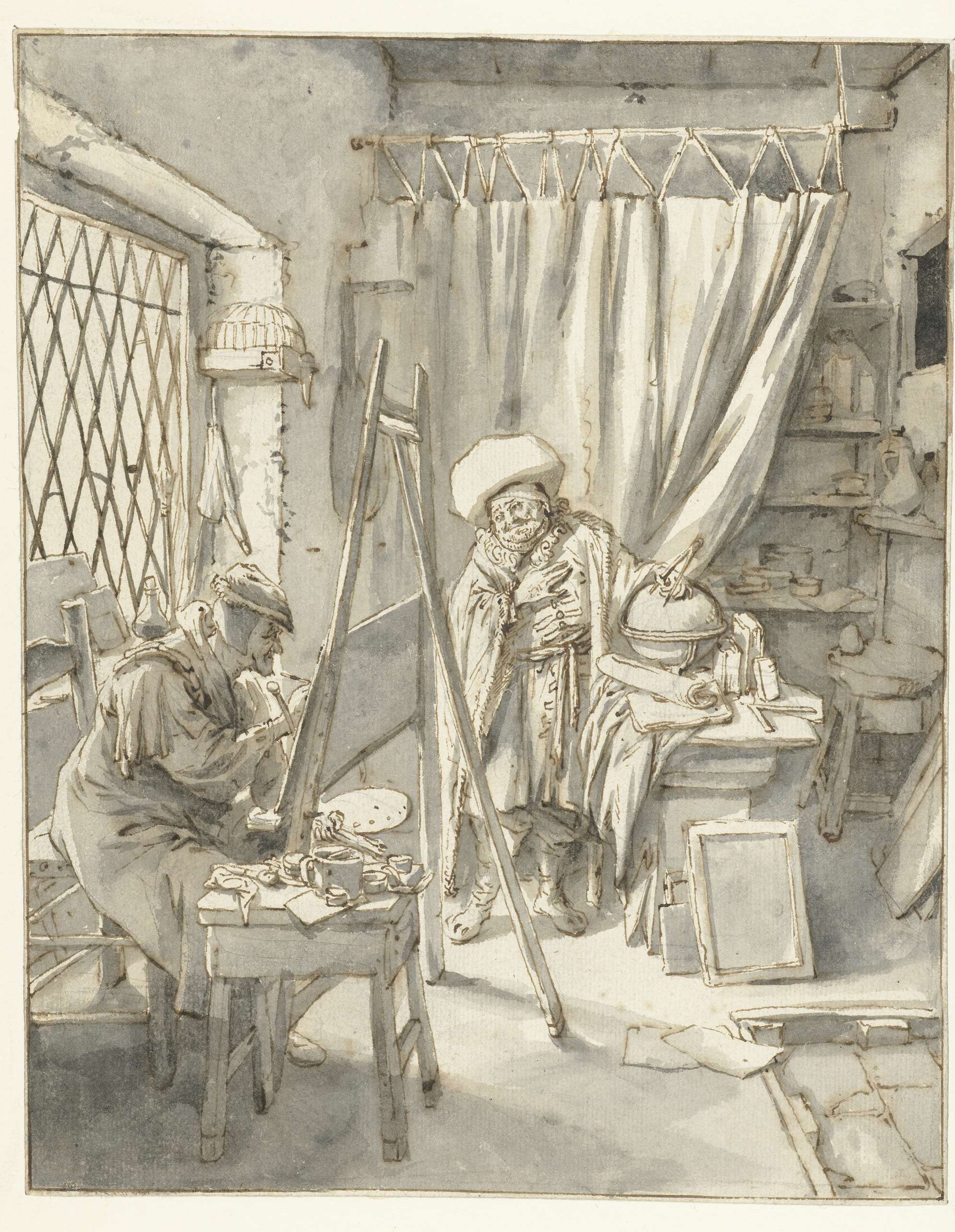Oil on canvas by Cornelis Dusart depicting an artist with a model in a studio