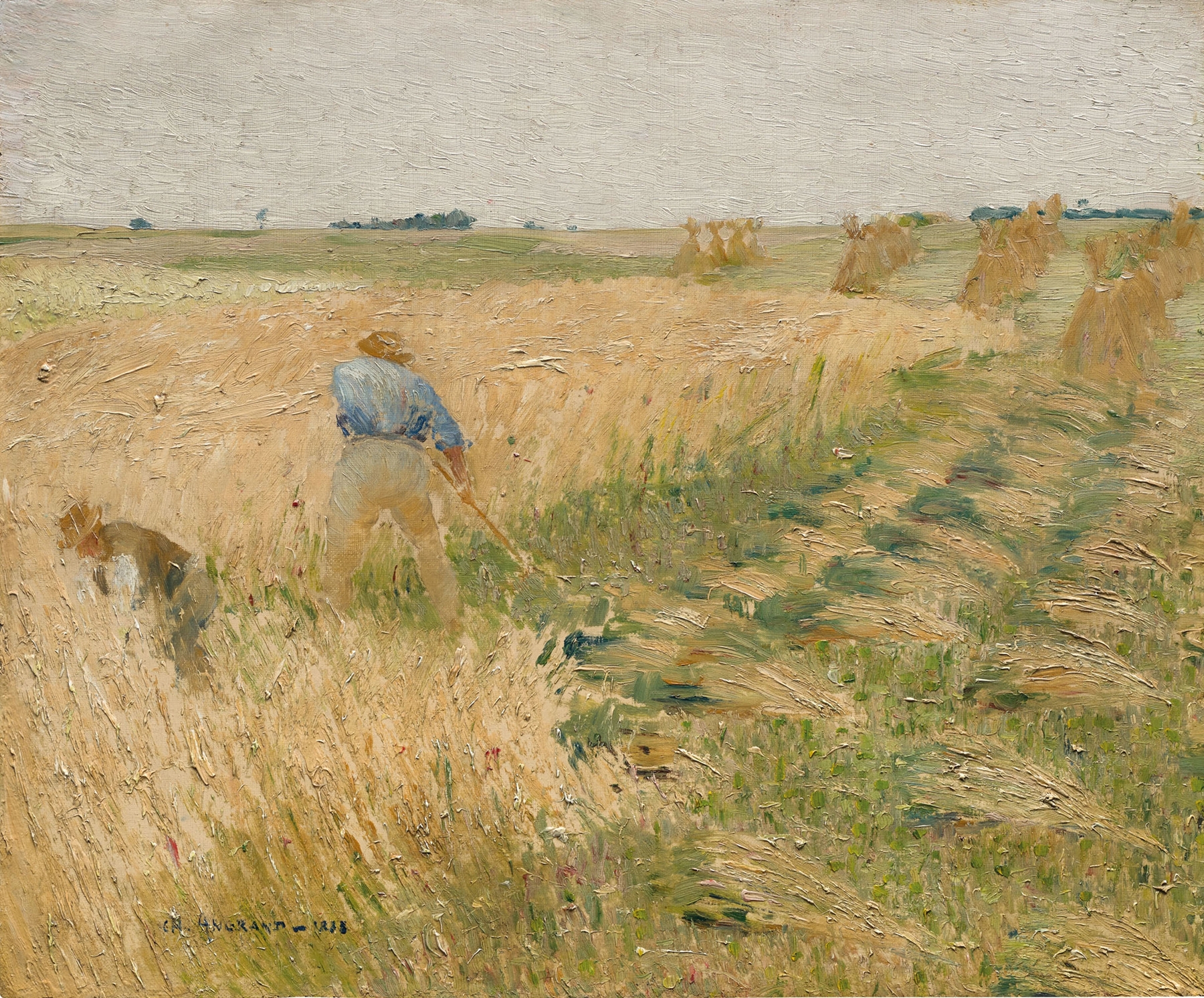 Les Faucheurs by Charles Angrand, oil on canvas showing laborers in a wheat field.