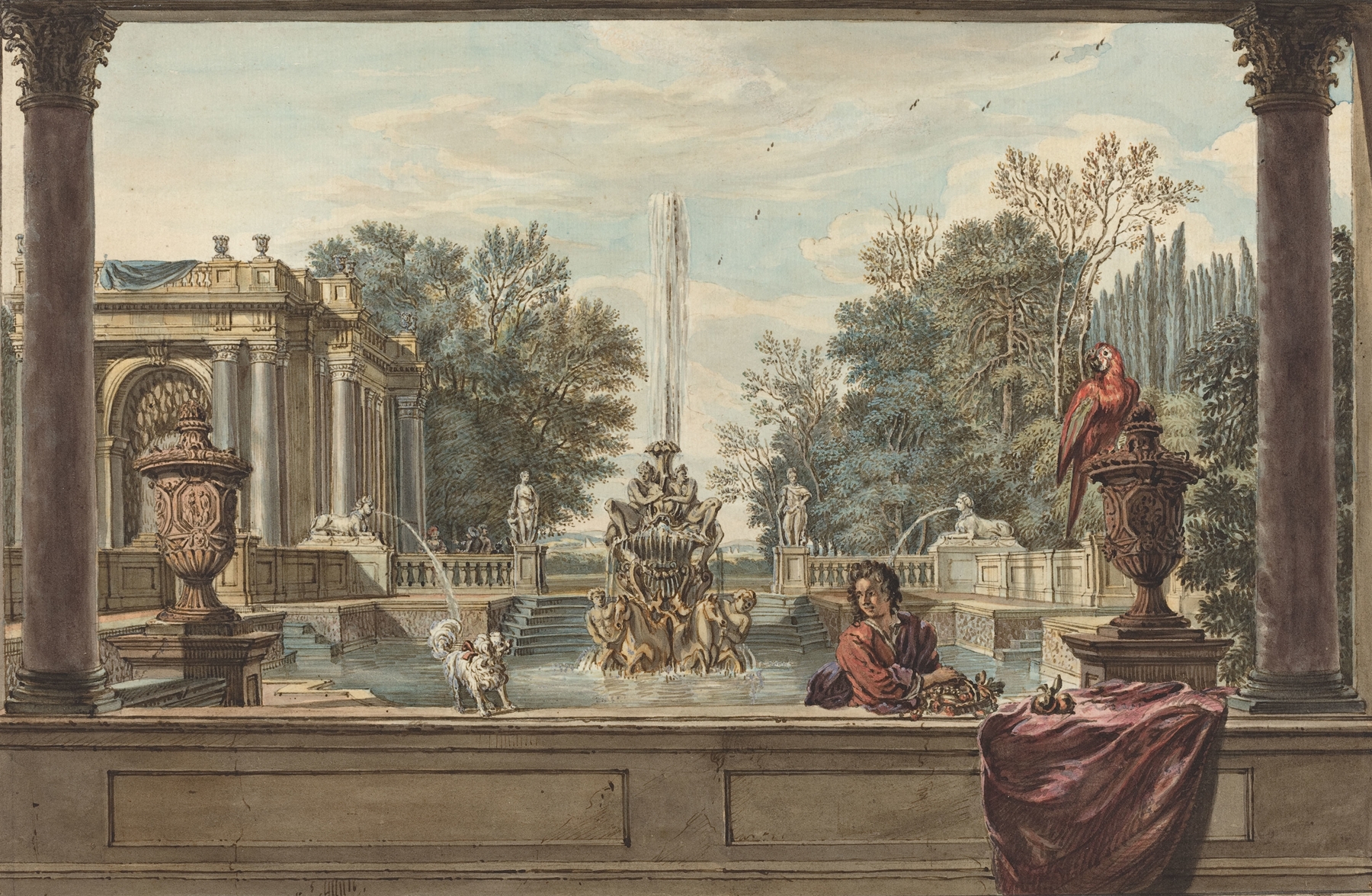 Rococo scene of a man, parrot, and poodle in a garden by Isaac de Moucheron