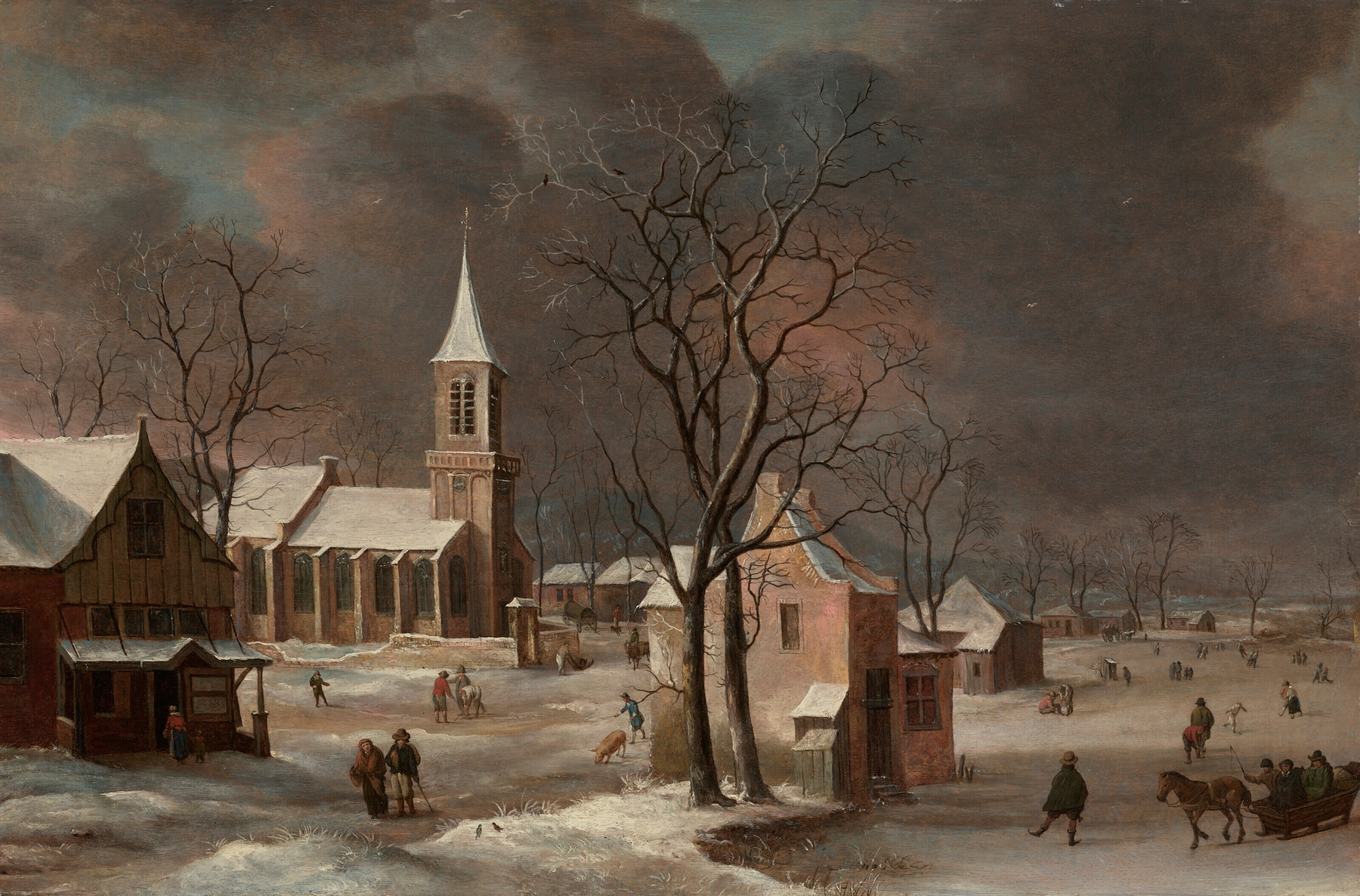 Winter landscape with iceskaters and a church beyond, by Anthonie Beerstraaten
