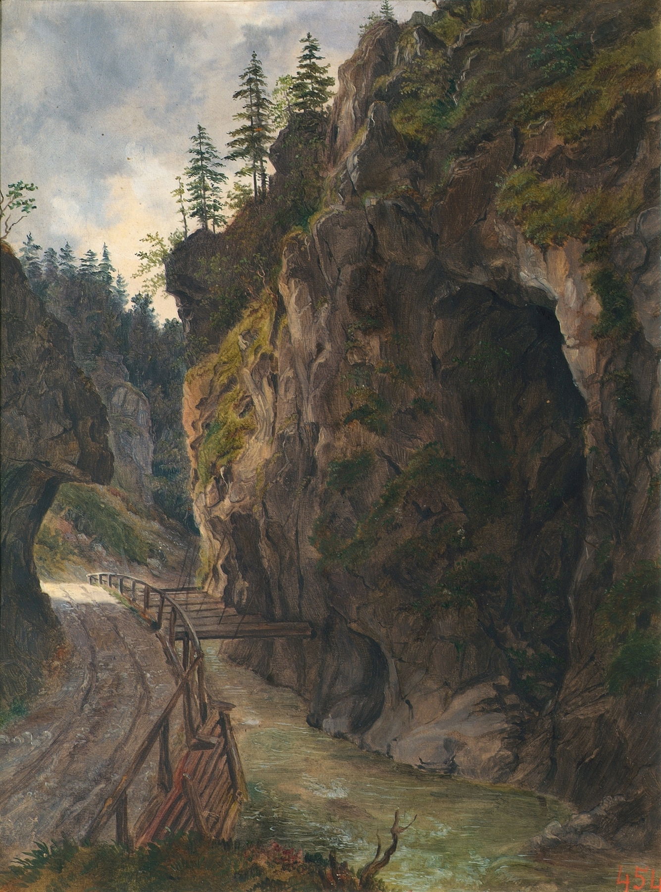 Felsenschlucht by Ludwig Halauska, oil on canvas depicting a rugged landscape with foliage and rocks.