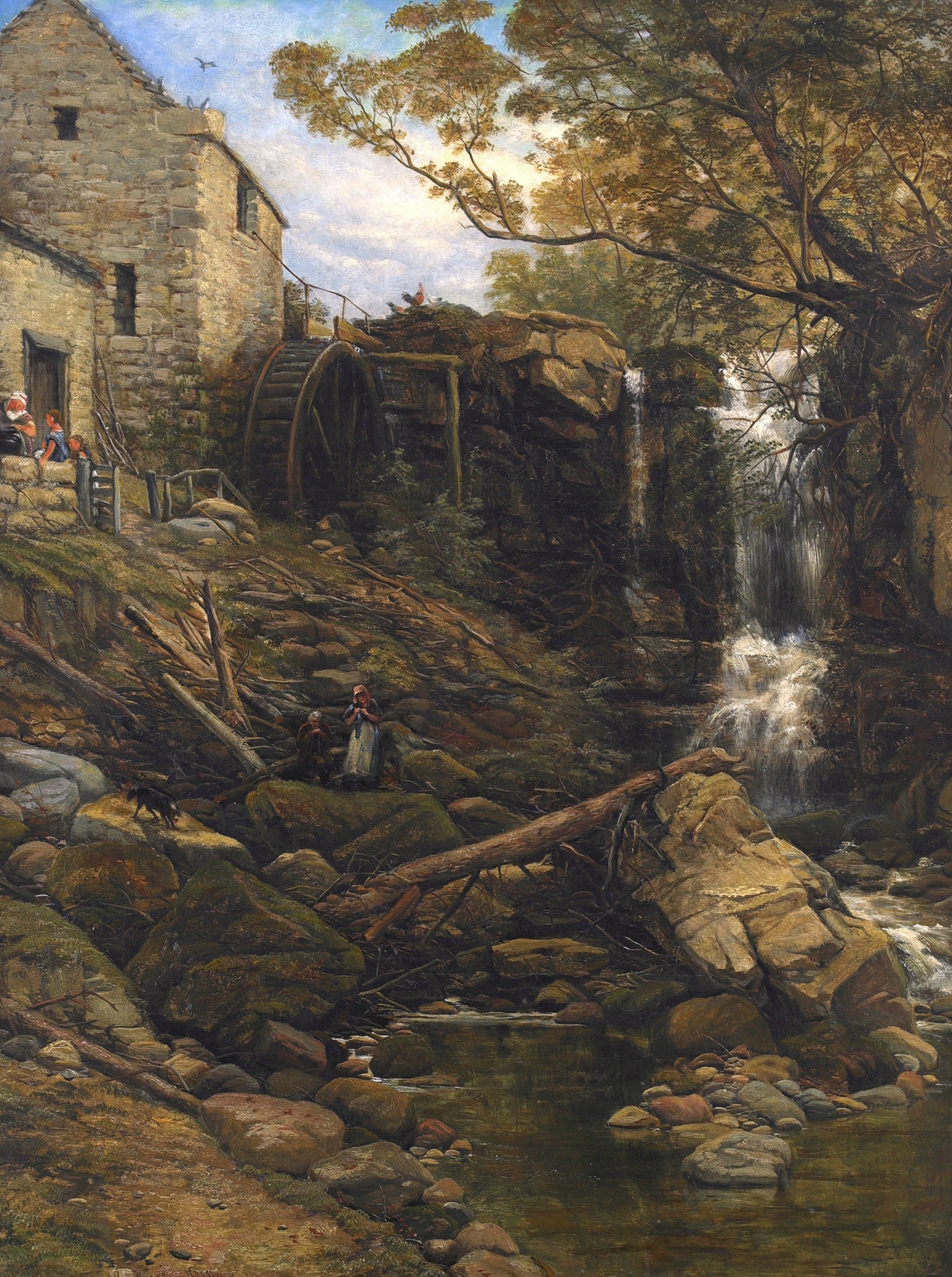 Landscape with figures by an old water mill, oil painting by Thomas Creswick