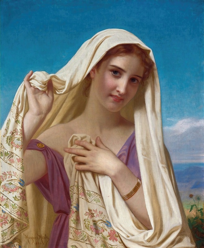 A captivating portrait of a young girl wearing a veil by Hugues Merle.