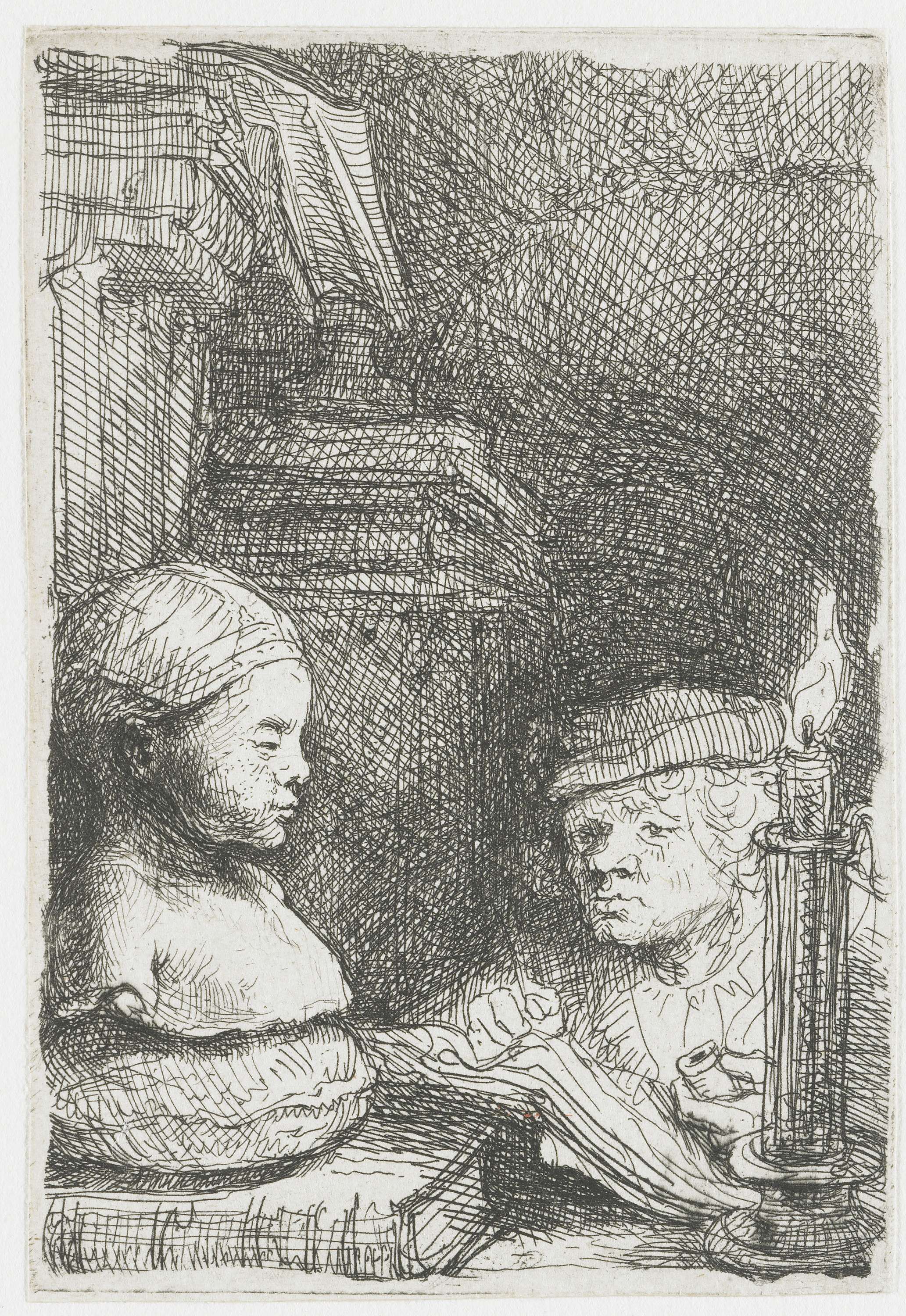 Etching by Rembrandt van Rijn of a young man drawing a plaster cast at a table.
