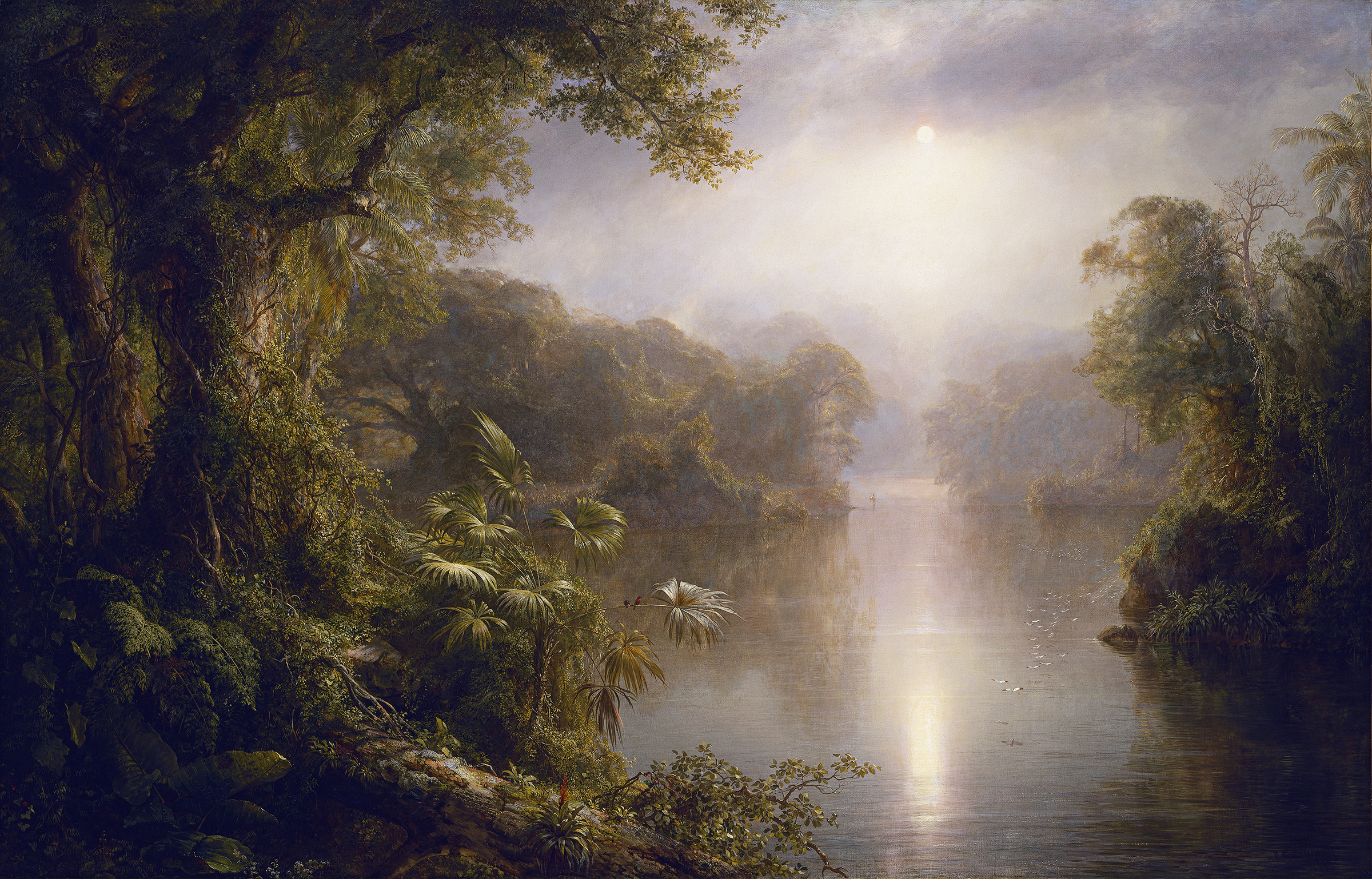 El Rio de Luz, oil on canvas by Frederic Edwin Church, depicts a river in a tranquil valley.
