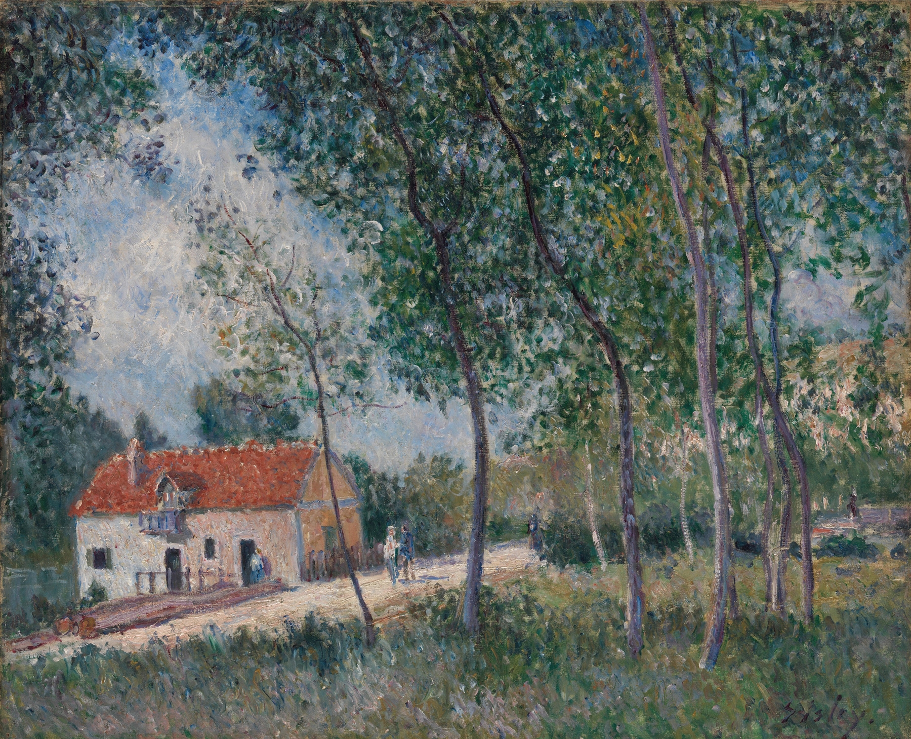 Landscape with a winding road through greenery, oil on canvas by Alfred Sisley