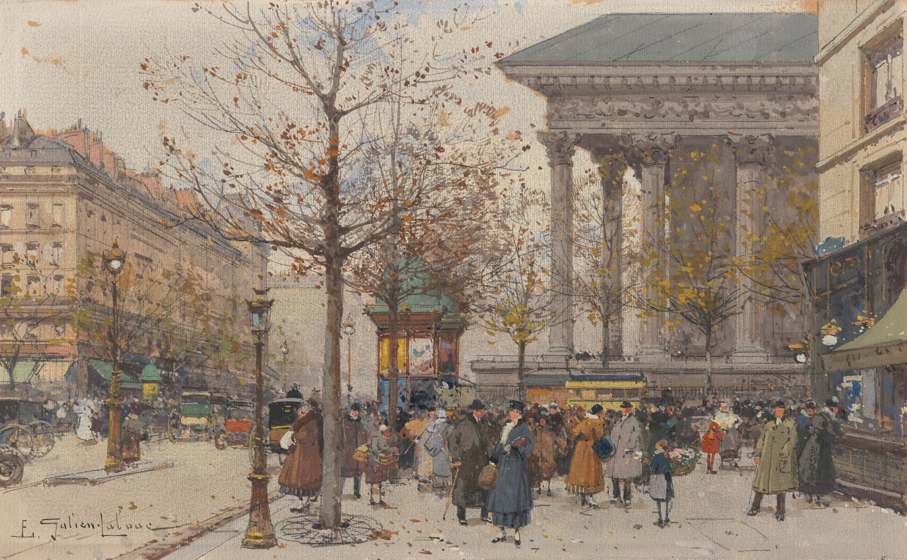 Vue animée de la Madeleine, by Eugène Galien-Laloue, public domain
