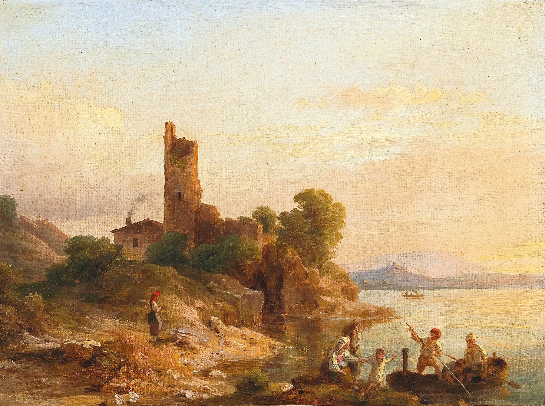 Italian landscape with fishermen on the lake, oil on canvas by Károly Markó