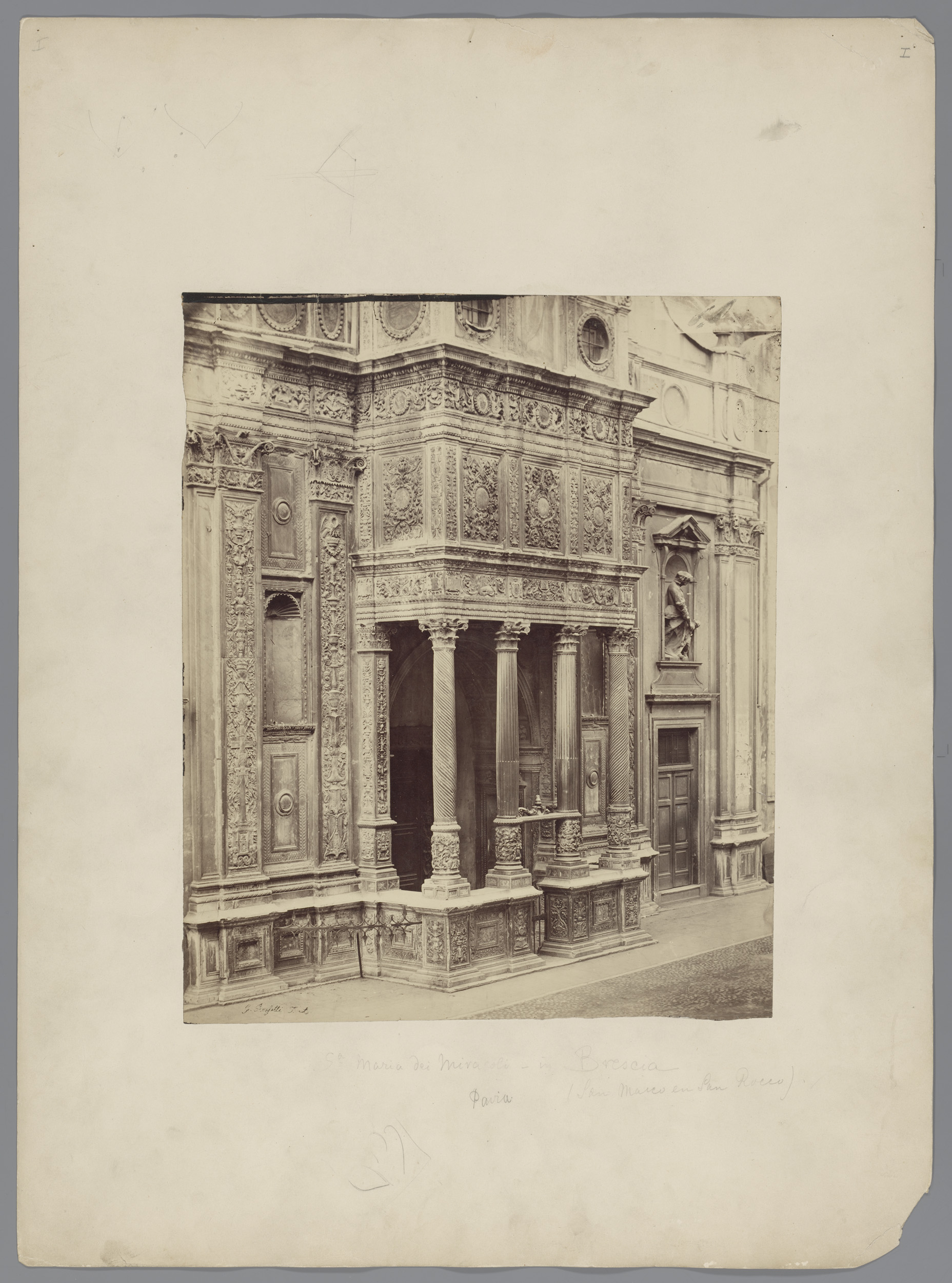 Santa Maria dei Miracoli in Brescia, albumen print by Giacomo Rossetti, showcasing the church's intricate facade.