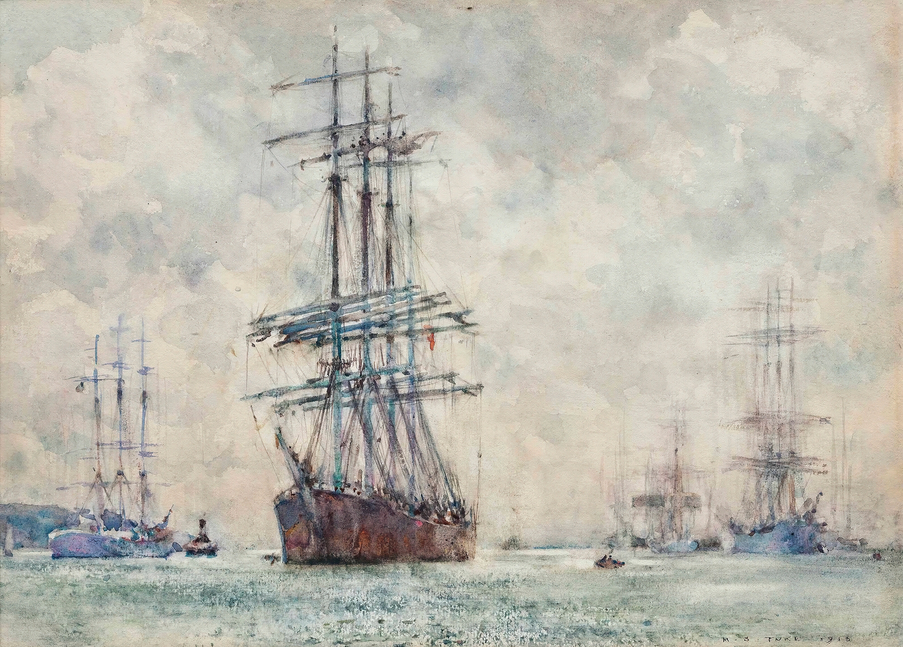 Windjammers In The Carrick Roads, by Henry Scott Tuke, public domain