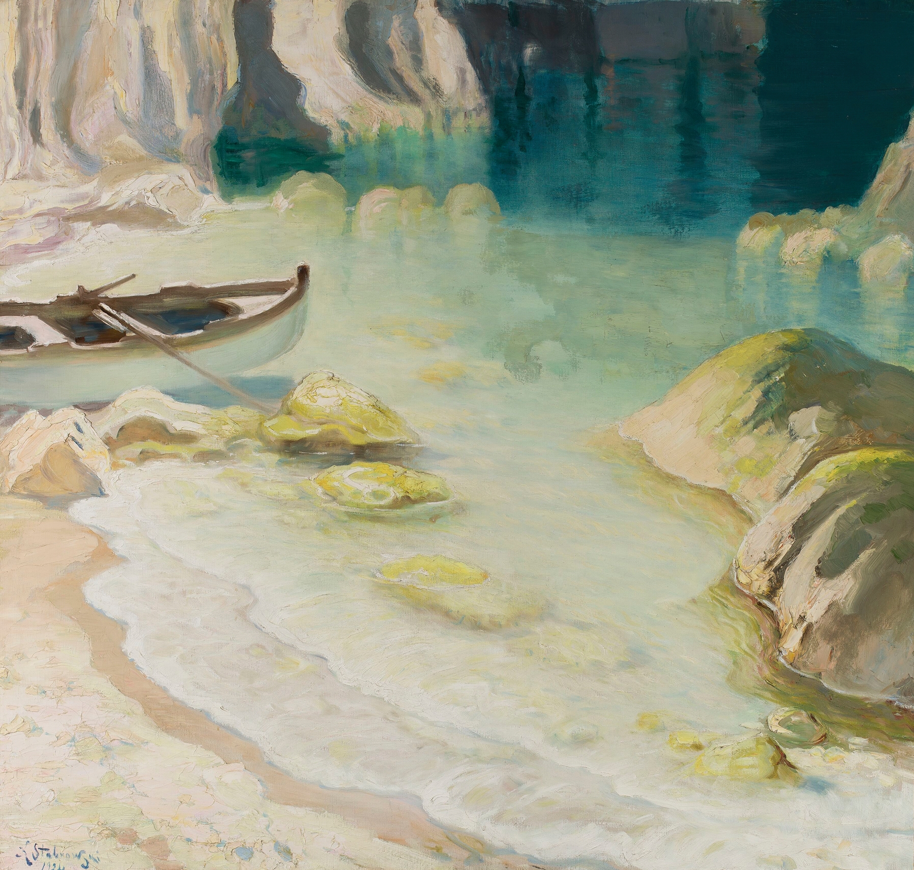 Boat at rocky coast, oil on canvas by Kazimierz Stabrowski, showing jagged rocks and flowing sea.