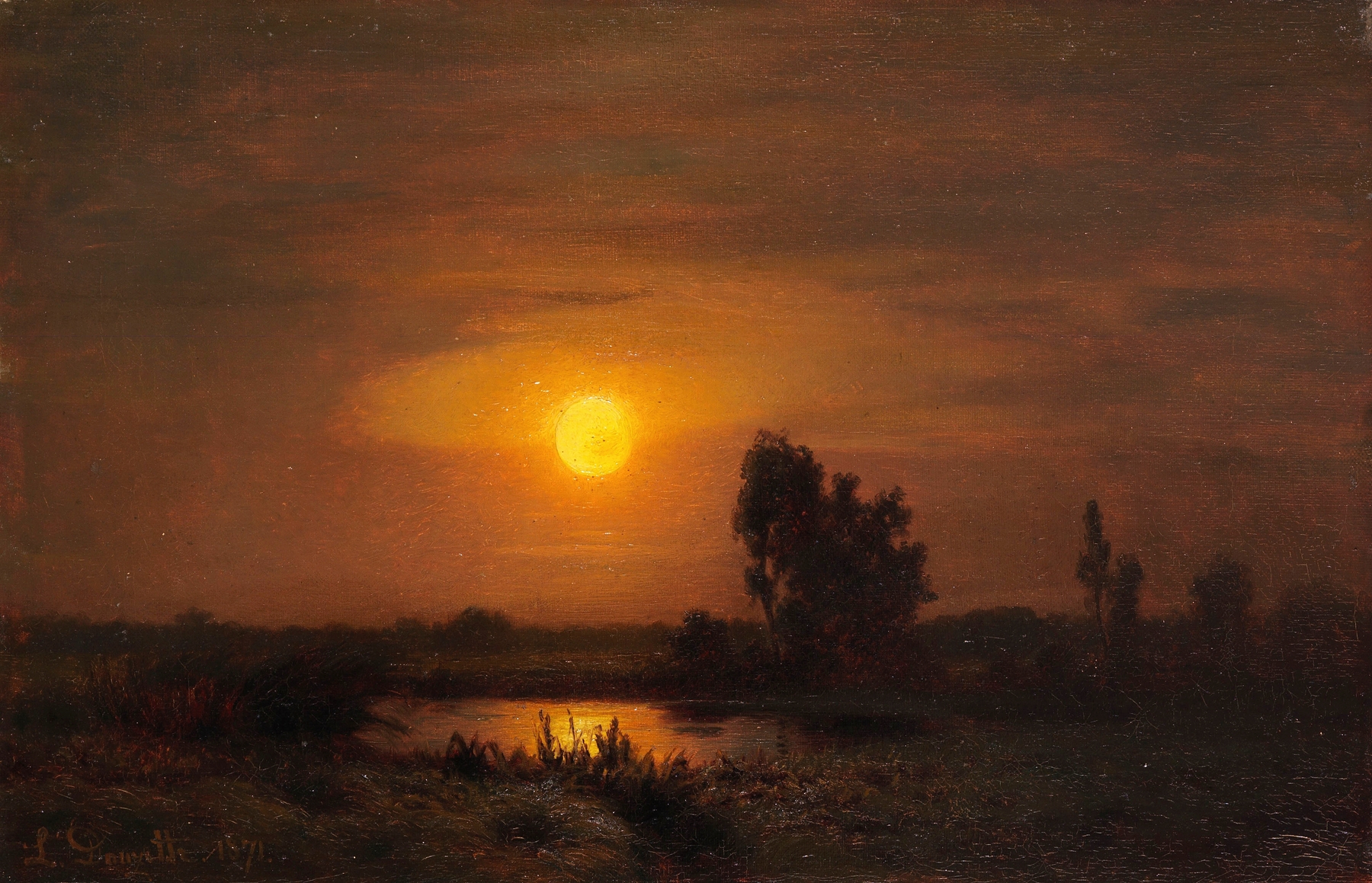 Oil painting by Louis Douzette depicting a tranquil pond under moonlight.