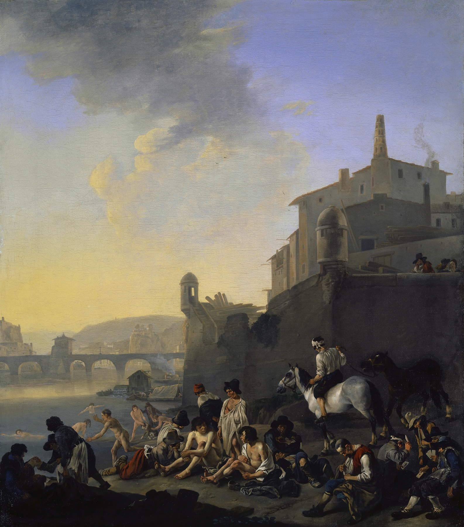 River with Bathing Gypsies near an Italian Town, by Johannes Lingelbach, public domain