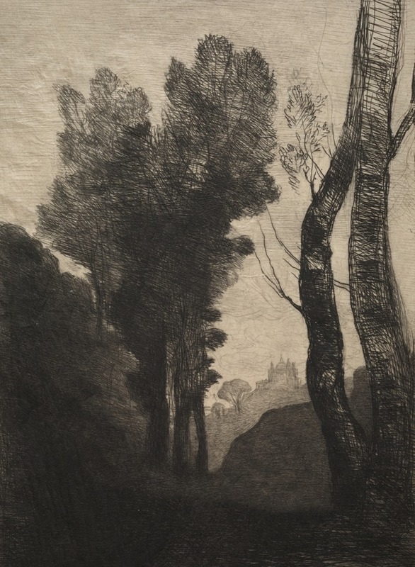 A serene landscape painting by Jean-Baptiste-Camille Corot depicting the Environs of Rome.