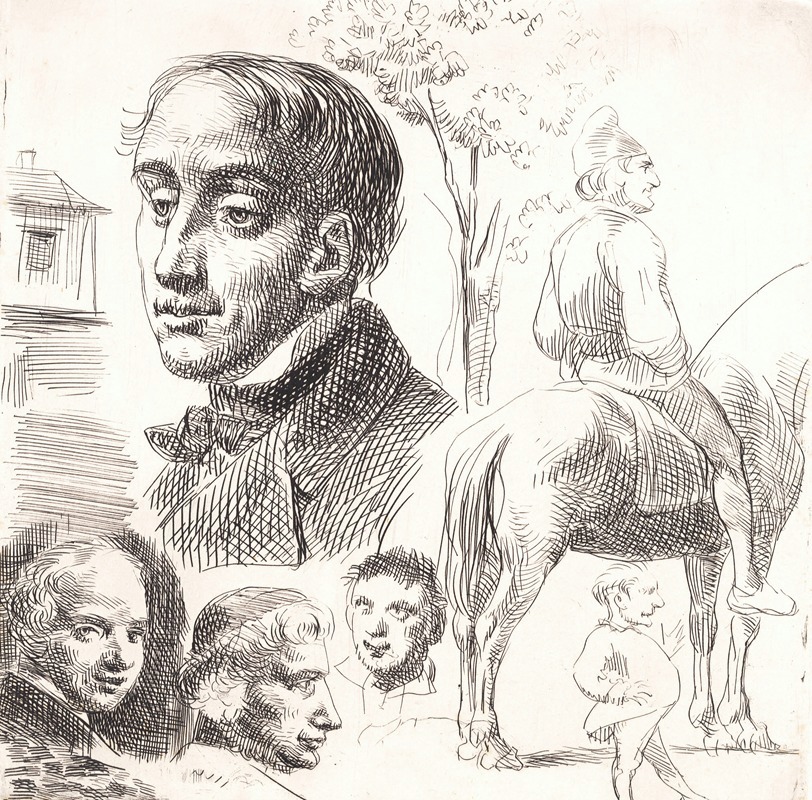 A detailed drawing featuring portrait heads and a peasant on horseback.