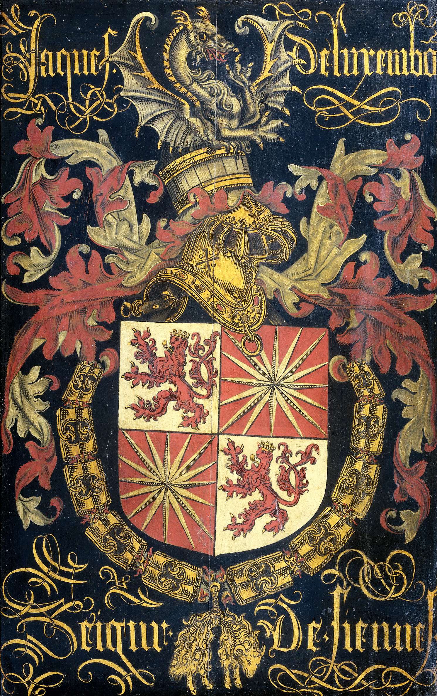 Shield of Jacob of Luxemburg, oil on panel by Pierre Coustain, featuring ornate armor and noble colors.