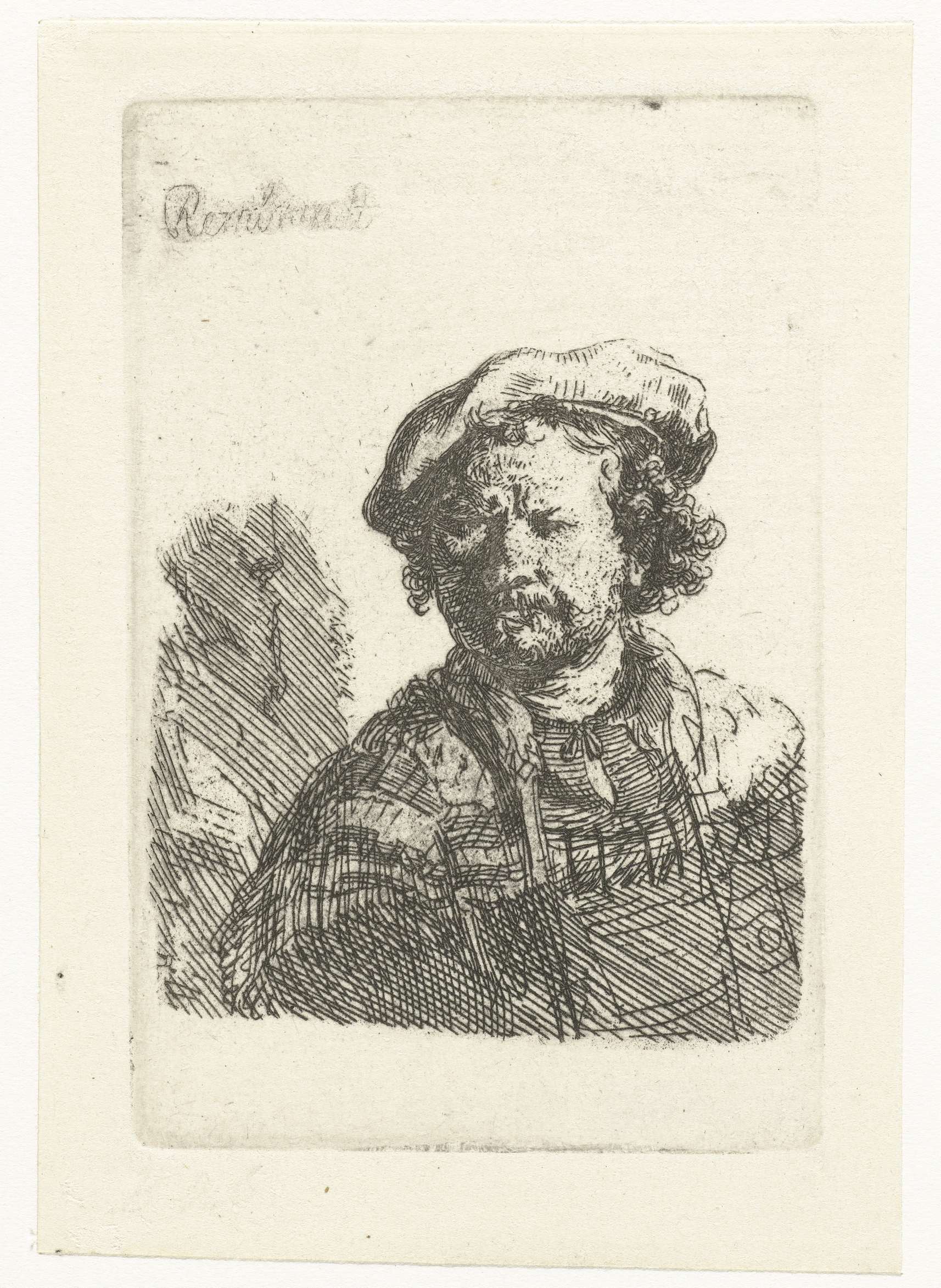 Self-portrait in a flat cap and embroidered dress by Rembrandt van Rijn, etching